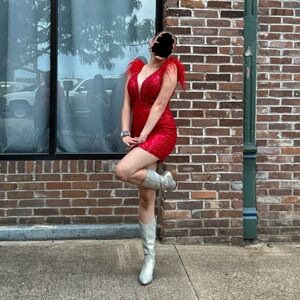 Alyce Paris Red Sequin Feather Mini Dress for Homecoming + matching jewelry set